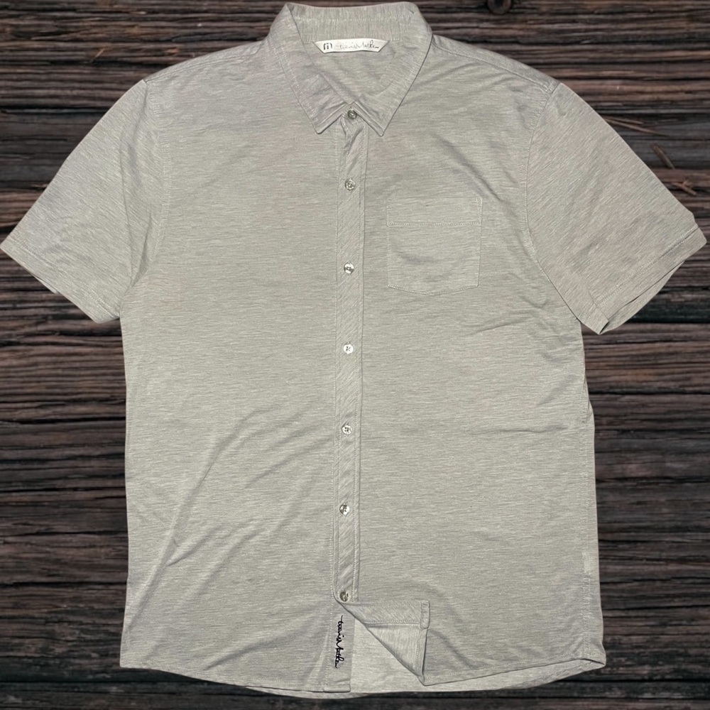 Travis Mathew Shirt Mens XL Extra Large Gray Geometric Short Sleeve Button Up